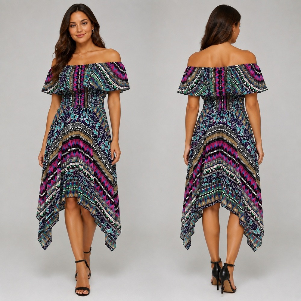 Rabbit Rabbit Designs‎ Handkerchief Hem Dress Womens 10 Multicolor Smocked Boho